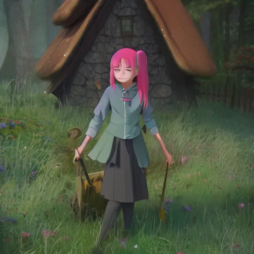 Prompt: A young adult witch with a cottage-core aesthetic with rose-colored hair and teal clothing, Nobutaka Ike, animated film still, character design, fantasy, 3D, 8k resolution