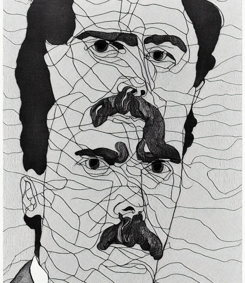 Prompt: detailed line art portrait of frierich nietzsche, inspired by egon schiele. contour lines, musicality, twirls and curves, strong personality