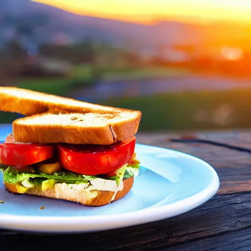 Image similar to sandwich with fried tofu, also tomato, onion, avocado and cheddar, over a dish and over a table, sunset background with saturn and stars in the sky, amazing light