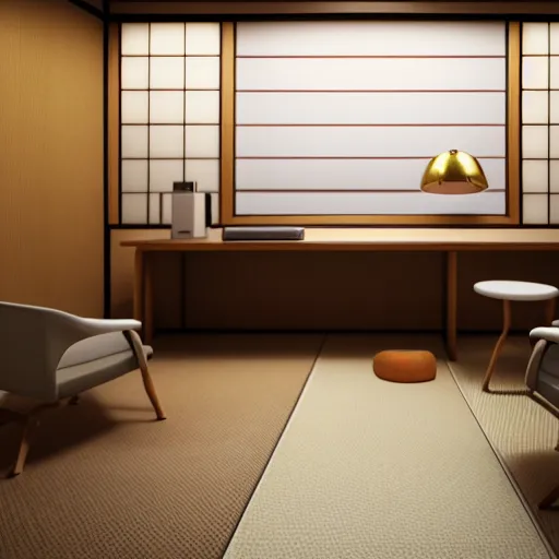 Prompt: still photo of a japanese study room, highly detailed, photorealistic portrait, bright studio setting, studio lighting, crisp quality and light reflections, unreal engine 5 quality render