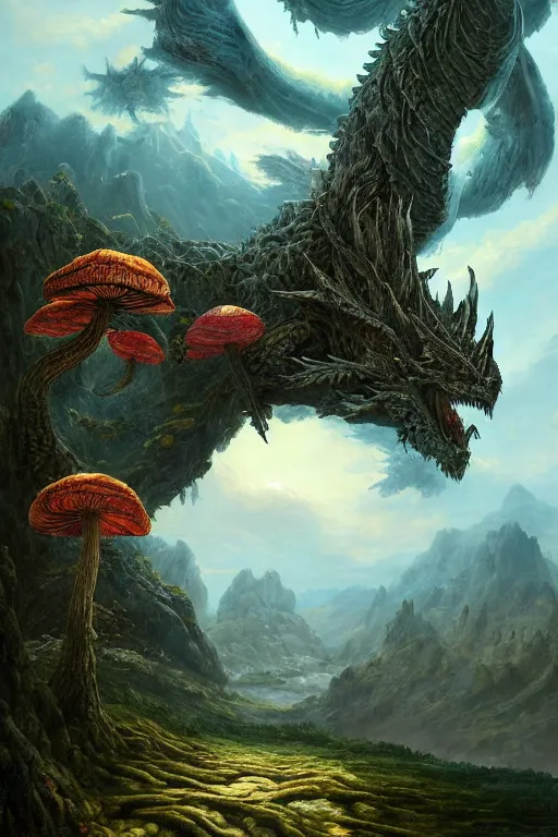 Image similar to a beautiful digital landscape painting of a detailed fantasy dragon and roots, dark mushroom, flowers by benoit b. mandelbrot, steven belledin, martin johnson heade, lee madgwick, caspar david friedrich, and david rios ferreira. 8 k resolution trending on artstation concept art digital illustration