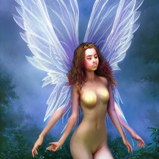 Prompt: beautiful teen faerie girl, with delicate wings, in the forest, with evening lightning, artstation, highly detailed, glow around body, art by michael whelan