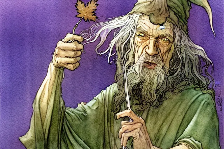 Image similar to a realistic and atmospheric watercolour fantasy character concept art portrait of gandalf with pink eyes freaking out with a pot leaf nearby, by rebecca guay, michael kaluta, charles vess and jean moebius giraud