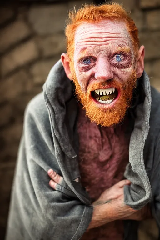 Image similar to 3 / 4 body photo of a old ginger men crackhead! with disgusting teeth, shady dark backalley at night, nerdy appearance, smooth, sharp, 8 5 mm, f / 1. 3