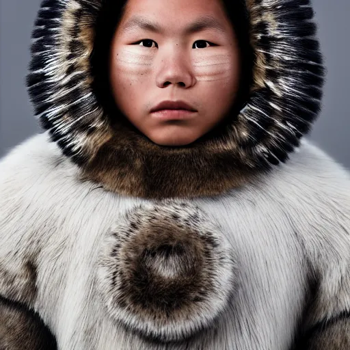 Prompt: a portrait of a beautiful young inuit male wearing an alexander mcqueen armor , photographed by andrew thomas huang, artistic