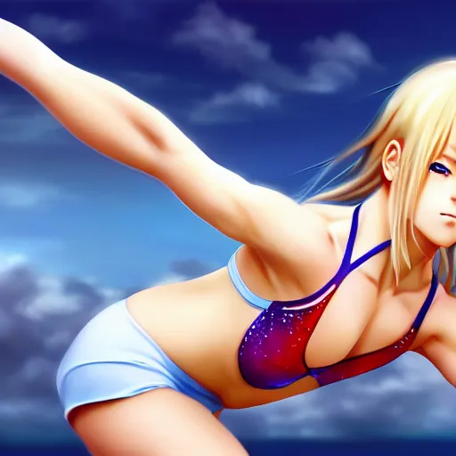 Prompt: a very beautiful young anime gymnastics girl, full body, long wavy blond hair, sky blue eyes, full round face,, bikini, miniskirt, front view, mid - shot, highly detailed, cinematic wallpaper by stanley artgerm lau