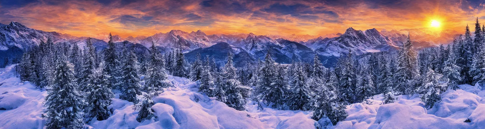 Prompt: beautiful snowy mountain landscape with a majestic sunrise and, art, high detail, high definition, photorealistic, hdr,