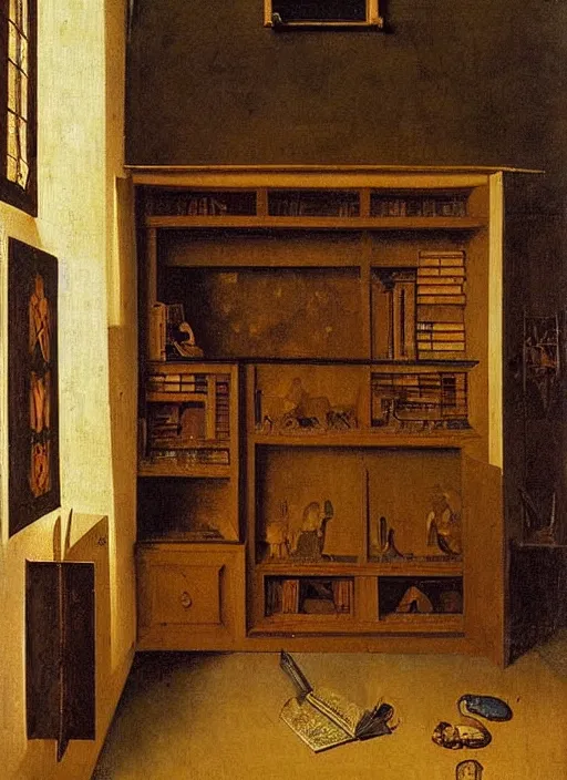 Image similar to bookshelf with books and children toys, medieval painting by jan van eyck, johannes vermeer, florence