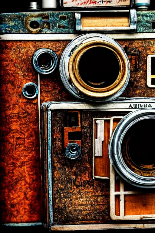 Prompt: A photo of an antique opened camera with film, vacuum tubes, capacitors and coils inside by Annie Lebovitz and Steve McCurry, grungy, weathered Ultra detailed, hyper realistic, 4k