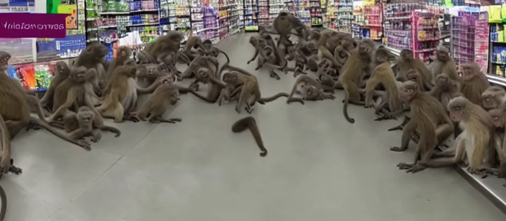 Prompt: cctv footage of a horde of monkeys raiding a walmart