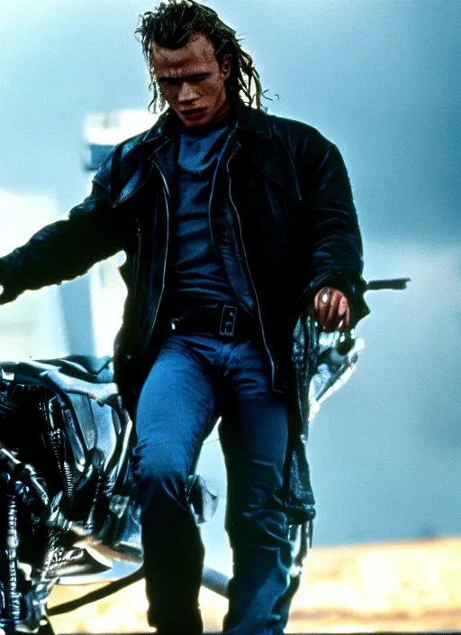 Prompt: film still of Heath Ledger as The Terminator in The Terminator, 4k