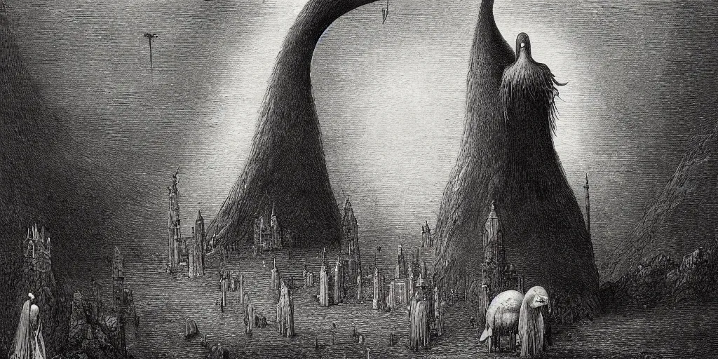 Prompt: gargantuan goose guarding the gates of hell, art by gustave dore, hieronimus bosch