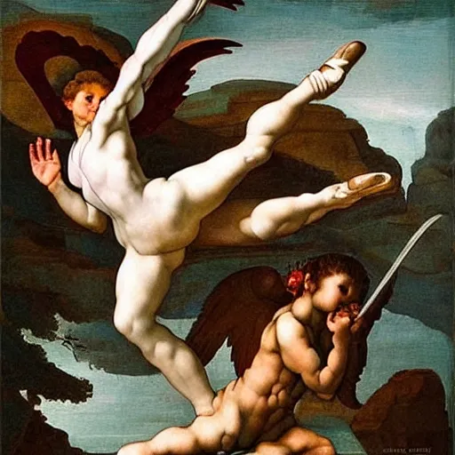 Prompt: a stunning oil painting of a ballerina angel spearing a ballerina demon in an epic battle by michelangelo