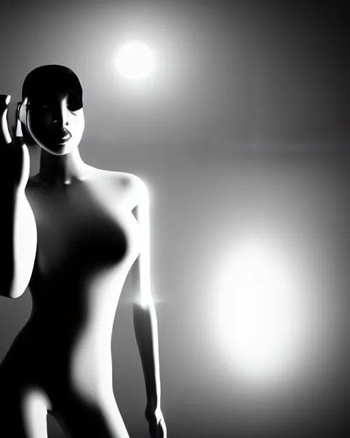 Image similar to black and white high quality photo of a beautiful futuristic dancing female human-queen-insect-cyborg looking into a sci-fi mirror:: volumetric lighting, liminal space, brutalism, foggy, dreamy, hyperdetailed, bokeh, photorealistic, cinematic, masterpiece, Metropolis, elegant, dark, octane render, 8K, by Man Ray in the style of Dora Maar