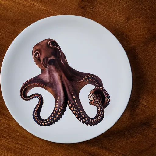 Image similar to dog in the shape of an octopus, hyper real, food photography