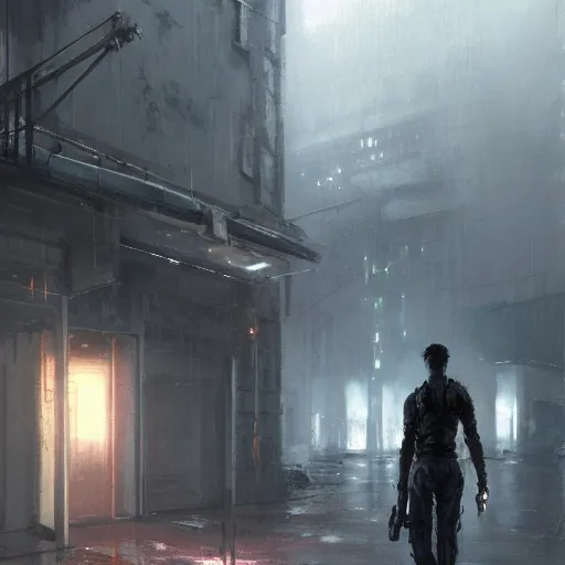 Prompt: doorway, empty sidewalk of a cyberpunk megacity, dramatic lighting, detailed background, gorgeous view, realistic, high detail, depth of field, lightrays, atmospheric, digital art, painted by greg rutkowski, painted by jeremy mann, trending on artstation