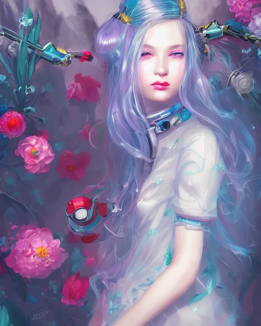Prompt: kind cyborg girl with flowers, elegant, scifi, futuristic, utopia, garden, colorful, long white hair, vibrant, dreamy, illustration, atmosphere, top lighting, blue eyes, focused, artstation, highly detailed, art by yuhong ding and chengwei pan and serafleur and ina wong