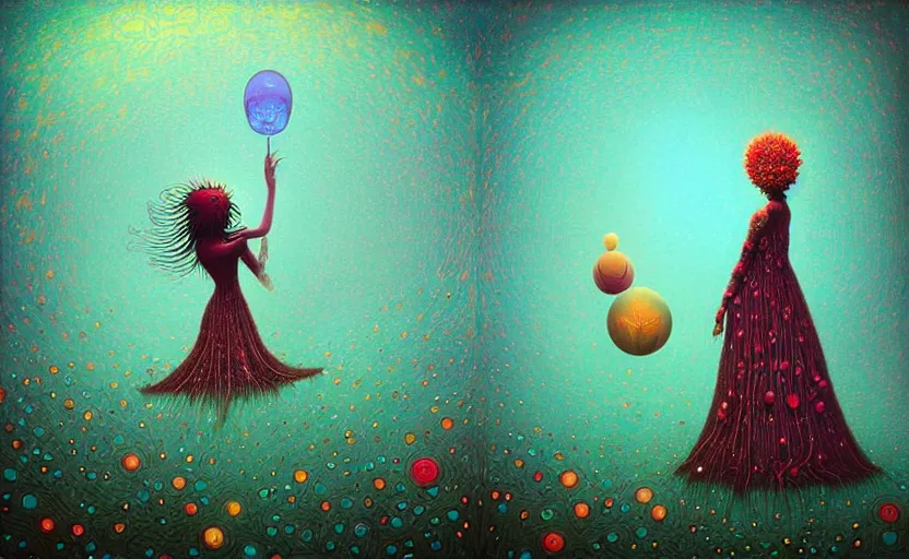 Image similar to surreal psychedelic androids, nostalgia for a fairytale, magic realism, flowerpunk, mysterious vivid colors by andy kehoe and amanda clarke, highly detailed, insane details