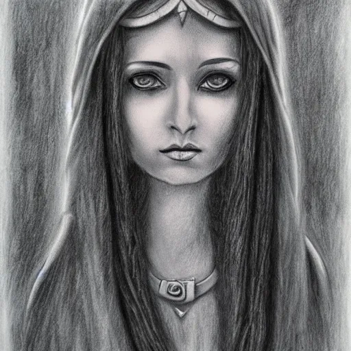 Prompt: charcoal drawing of a elvish priestess