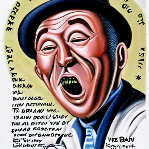 Image similar to beautiful lifelike painting of gene kelly demanding a refund on overcooked dinosaur steak in downtown dive bar bistro, hyperreal detailed facial features and uv lighting, art by ed roth and basil wolverton