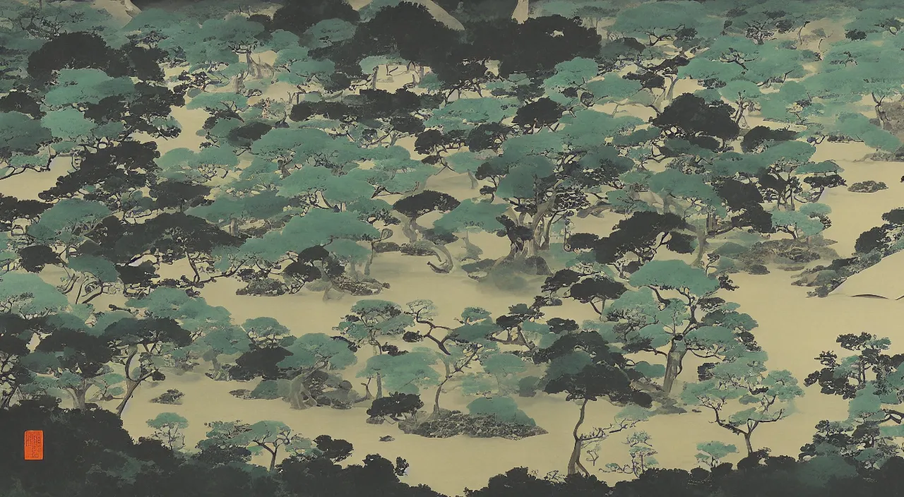 Image similar to A beautiful landscape painting of the future by Sesshu Toyo and Hasegawa Tohaku and Ogata Korin