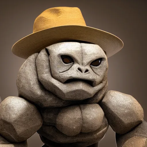 Prompt: a stunning photograph of a geodude wearing a fedora, 8 k hd nature photograph y, incredibly detailed, geodude pokemon with a rock head and eyes and two arms, real life anime