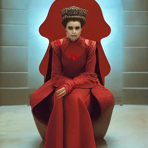 Prompt: queen amidala sitting down on a throne