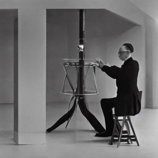 Prompt: filmstill of Marcel Duchamp working on a futuristic machine, long exposure, minimal composition, rule of thirds, archival pigment print
