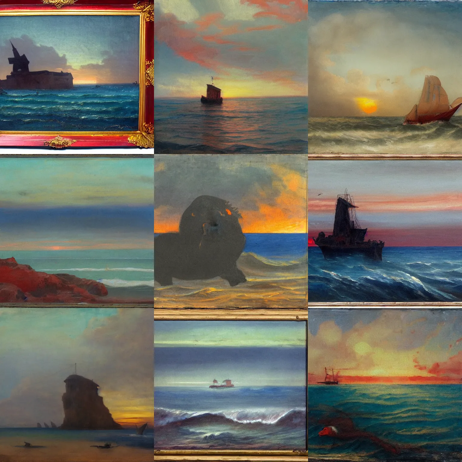 Prompt: formidable shaggy guinea pig leviathan on beachhead, romanticist painting, sunset, imposing, sublime, tonalist painting, payne's grey, prussian blue, venetian red, luminous