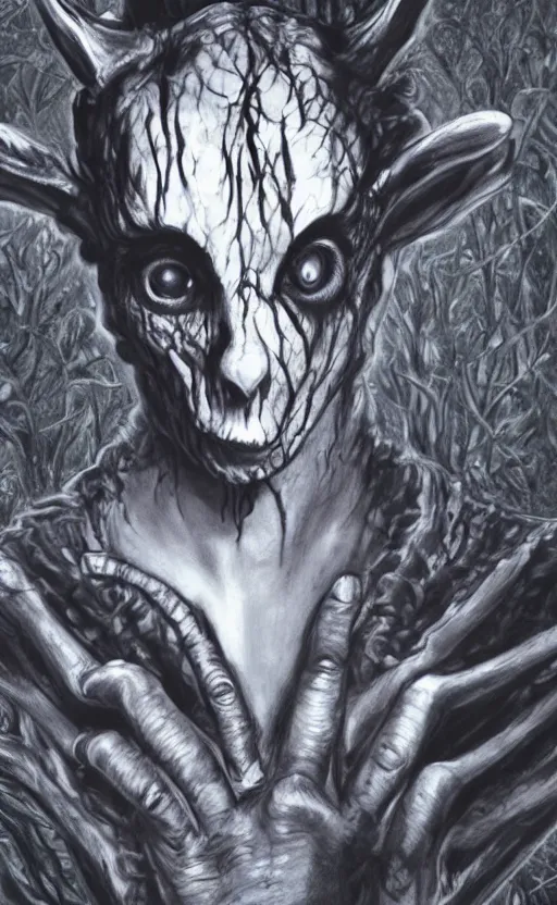 Image similar to disturbingly beautiful portrait of frank from donnie darko in the style of pan from pan's labyrinth, highly detailed, 4 k, hyperrealistic