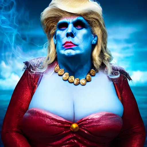 Image similar to Trump as Ursula the sea witch, 8k, professional photography, cinematic studio shot, dark, smoke