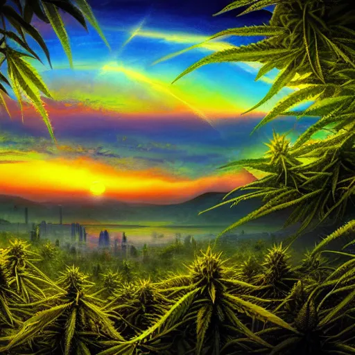 Prompt: an amazing deep painting of a marijuana world, intricate detail, sunset, idyllic, serene, volumetric lighting, 8 k, photorealistic, digital art trending on artstation