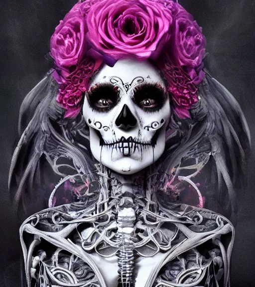 Image similar to a chaotic goddess of death skeleton as a heroine, intricate, elegant skull black rose s day of the dead atmospheric, dramatic, Trending on artstation. augmentations and cybernetic enhancements neon circuits, greg rutkowski , hyperrealist, cinema4D, 8k highly detailed