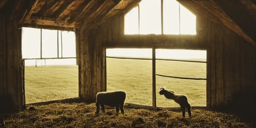 Prompt: insanely detailed wide angle photograph, atmospheric, girl nursing a lamb in a barn, horror, night, shadows, secluded, evil eyes, hay, a cow, windows