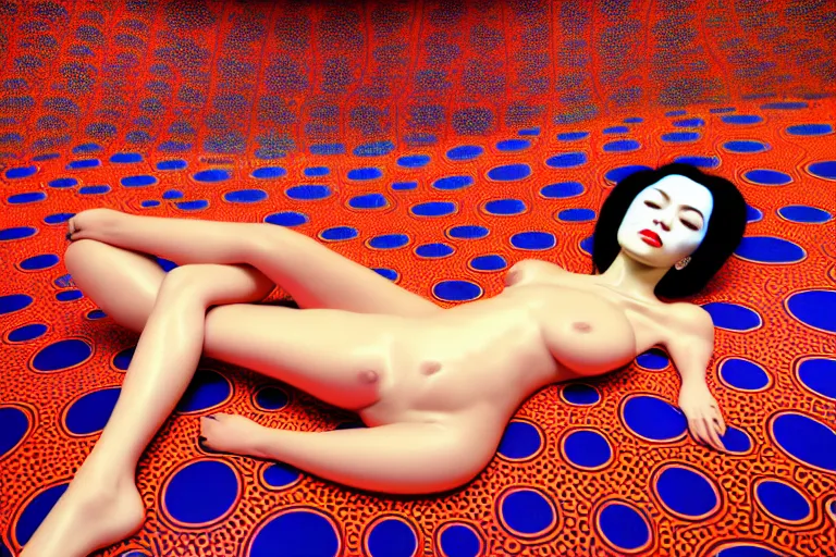 Image similar to realistic detailed image of a geisha laying down in a padded room, conjuring psychedelic background, part by yayoi kusama, part by alex gray, part by ross tran, part by james jean, ultra realistic, highly detailed, life like face, detailed body, 8 k, octane render, trending on artstation, very cohesive, masterpiece