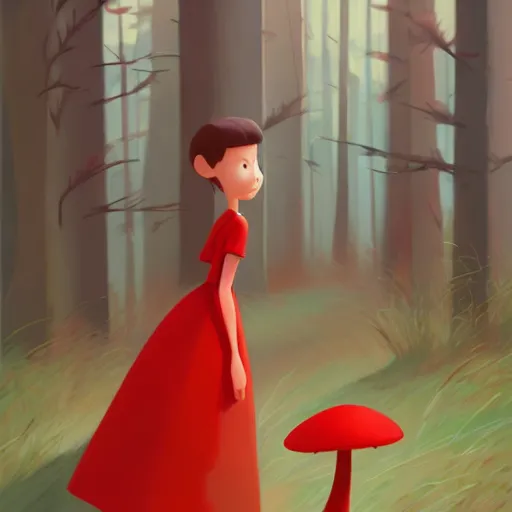 Prompt: goro fujita ilustration brunette girl in red dress picking mushrooms in the forest, painting by goro fujita, sharp focus, highly detailed, artstation