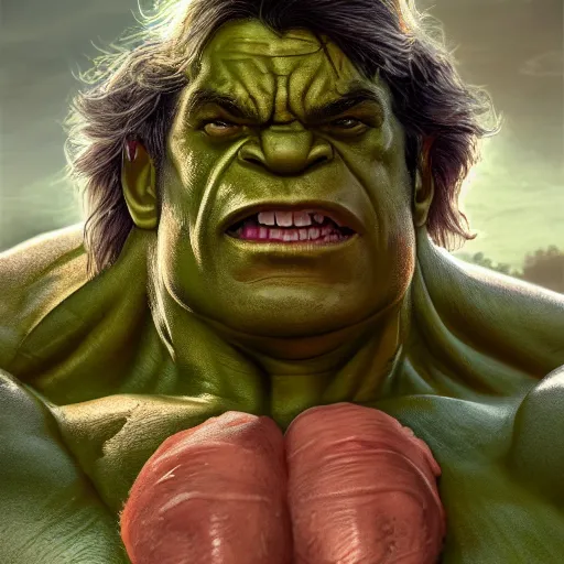 Image similar to the hulk with normal human skin, au naturel, hyper detailed, digital art, trending in artstation, cinematic lighting, studio quality, smooth render, unreal engine 5 rendered, octane rendered, art style by klimt and nixeu and ian sprigger and wlop and krenz cushart