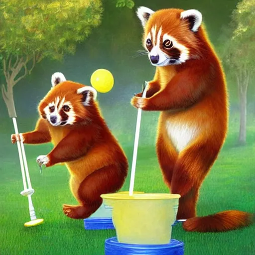 Image similar to very cute friendly happy high energy red pandas at a fancy garden party playing croquet and drinking lemonade, artwork by mark brooks and Asher Brown Durand, digital art