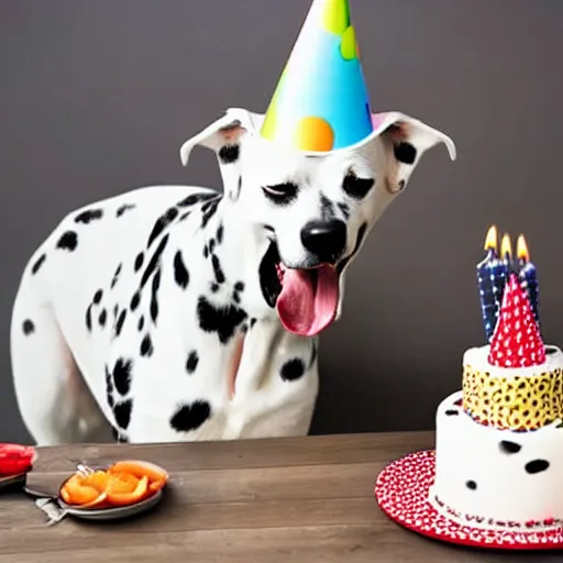 Image similar to photo of dalmatian dog with birthday hat eating a birthday cake,