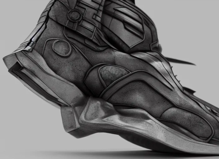 Image similar to sneakers of iron man by tim burton, view from the side, render, cinema 4 d, octane render