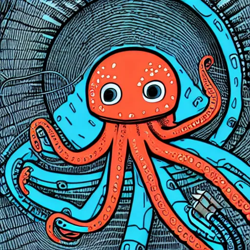 Prompt: detailed, intricate, colour, comic style illustration of a robotic octopus with audio jack cable tentacles, inside a huge music studio cave