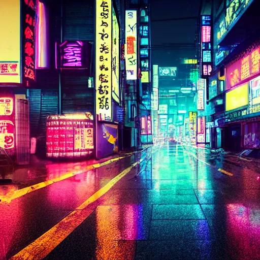 Image similar to cyberpunk Tokyo rainy street, bright neon lights, photorealistic