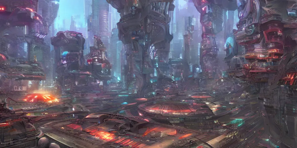 Prompt: futuristic cyberpunk robot city, by jim burns, peter andrew jones, michael hutter, sharp digital painting. dreaming latent space. matte painting, concept art. artstation. digital render.