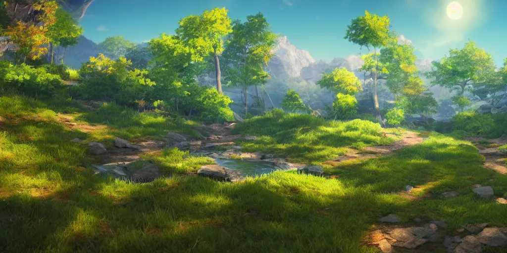 Image similar to beautiful 3 d nature environment from genshin impact, ingame rendering, cell shaded, screenshot, beautiful colors, 8 k, detailed, award winning, unreal engine 5, stylized, popular on artstation, anime style, nostalgic