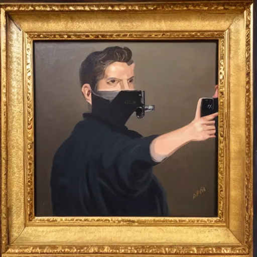 Prompt: rembrand makes a selfie, painting by rembrand