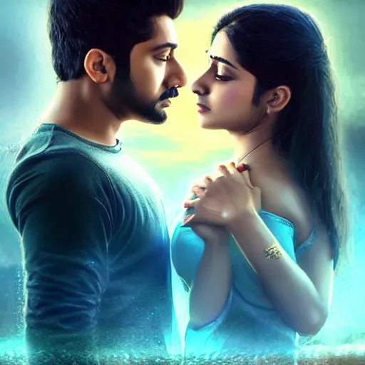 Image similar to perfectly centered bollywood movie promotional poster of young guy and beautiful girl side profile faces symmetrical ; real life portrait, ultra realistic, high coherence, intricate, hdr, highly detailed, photorealistic, octane render, 8 k, unreal engine ; romantic theme, two lovers sharing one heart ; art by artgerm, greg rutkowski, charlie bowater