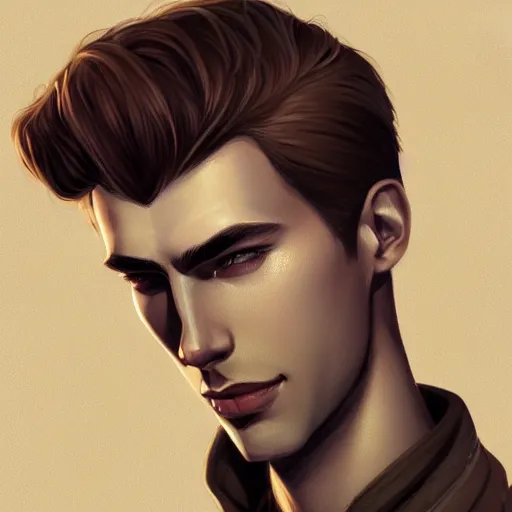 Image similar to tall man in his twenties with brown blond short quiff hair and round facial structure with cleft chin, straight eyebrows, slightly smiling, cheekbones, wide face, shadow of beard, atmospheric lighting, painted, intricate, 4 k, highly detailed by charlie bowater