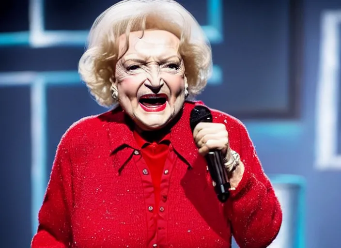 Image similar to publicity photo still of betty white as a gangsta rapper live on stage, 8 k, live concert lighting, mid shot
