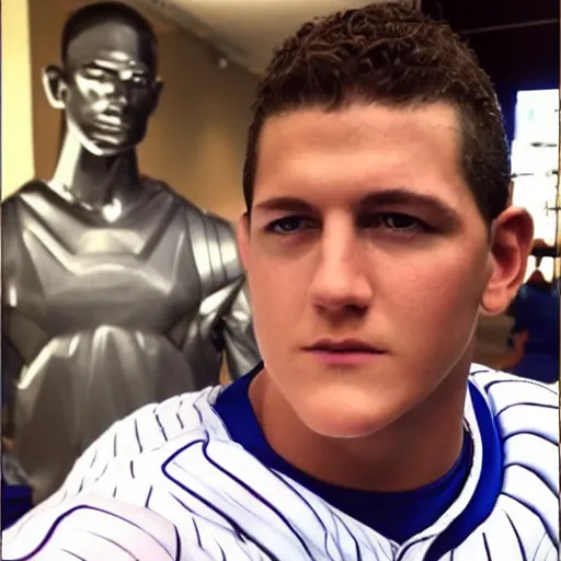 Image similar to “a realistic detailed photo of a guy who is an attractive humanoid who is half robot and half humanoid, who is a male android, baseball player Anthony Rizzo, shiny skin, posing like a statue, blank stare”