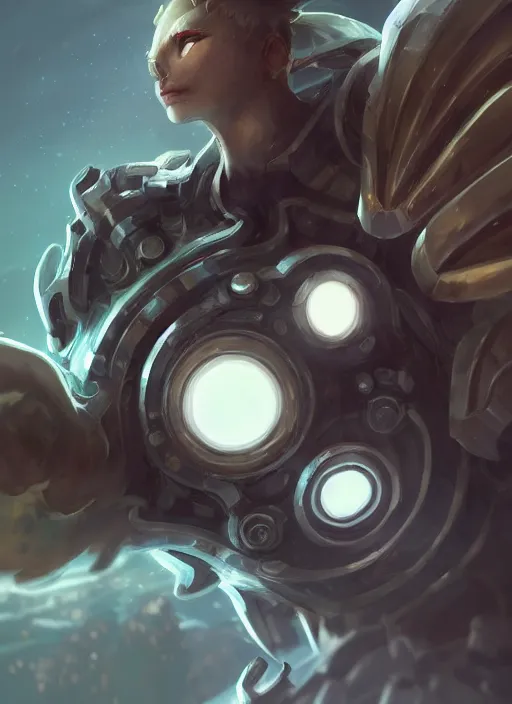 Image similar to a highly detailed illustration of silver gear mechanical giant, with big glowing cute eyes, gentle calm sitting pose, intricate, elegant, highly detailed, centered, digital painting, artstation, concept art, smooth, sharp focus, league of legends concept art, WLOP